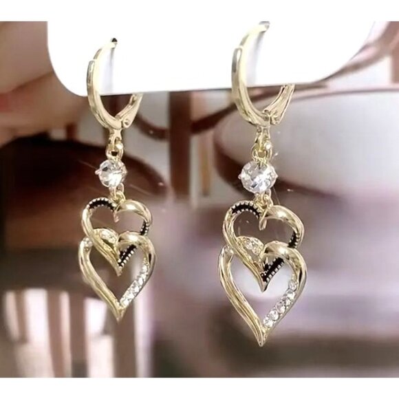 Gold Toned‎ Double Heart Drop Earrings With Rhinestones - Picture 4 of 4